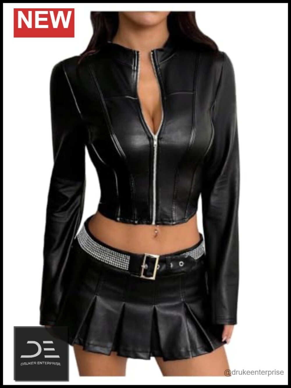 Faux Leather Cropped Moto Jacket Zip Up Long Sleeve Biker Streetwear